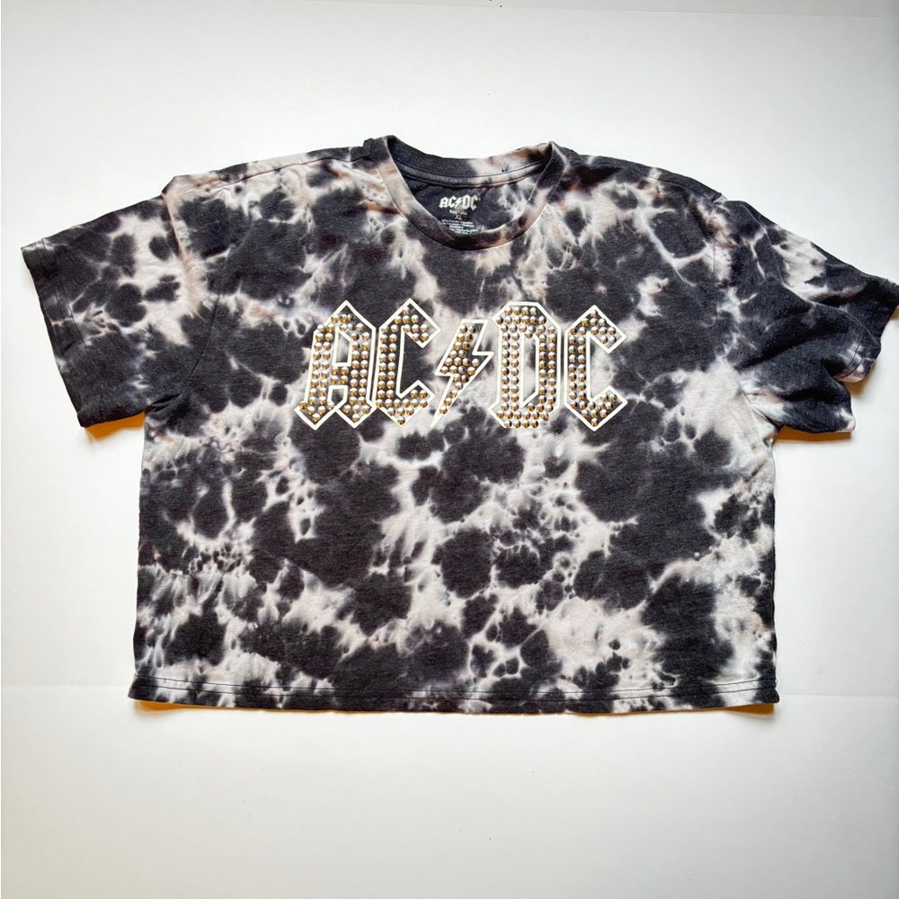 AC/DC Tie Dye Cropped T-Shirt | Studded Logo Rock Band Tee | Women’s XL